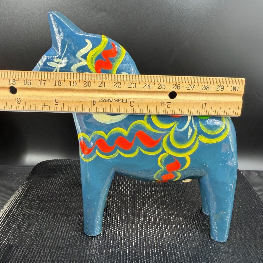 Vintage Akta Dalahemslojd Swedish Dala Horse Blue Hand Painted Wood Folk Art 7" - Picture 3 of 15